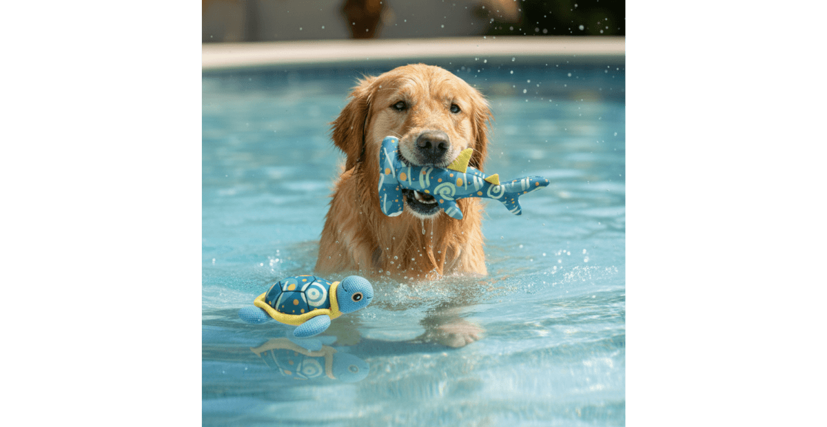A Golden Retriever is playing with Dr.Choice Dog Toy Flotable in the pool