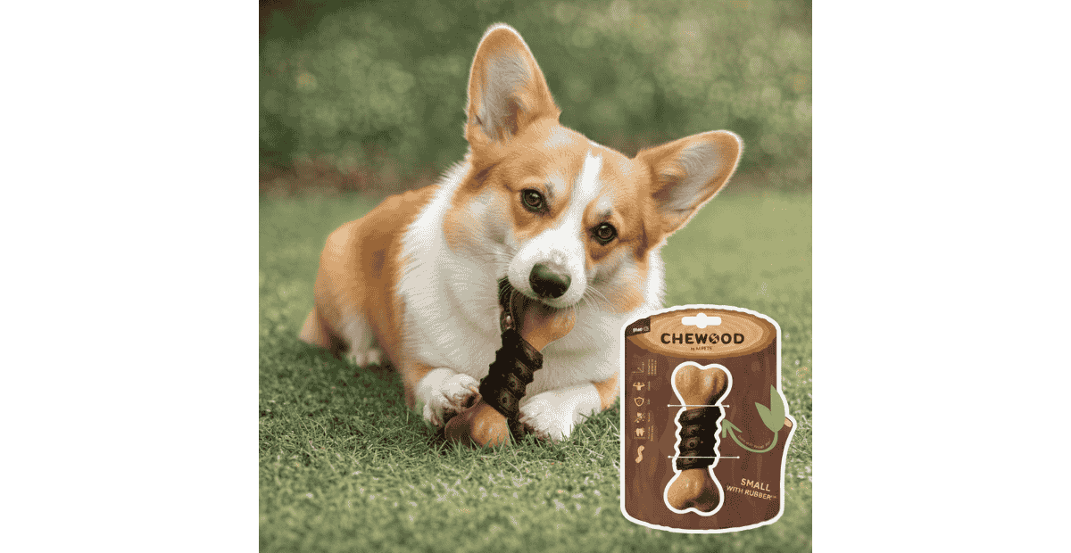A corgi biting a wooden chew toy